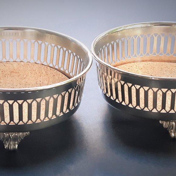 VTG Silverplate Footed Wine Bottle Coaster Holders Set of 2 Pierced Cork Insert - Picture 3 of 10